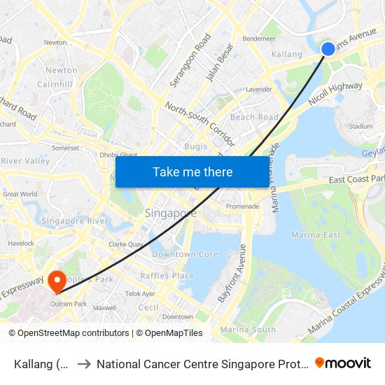 Kallang (EW10) to National Cancer Centre Singapore Proton Therapy Centre map