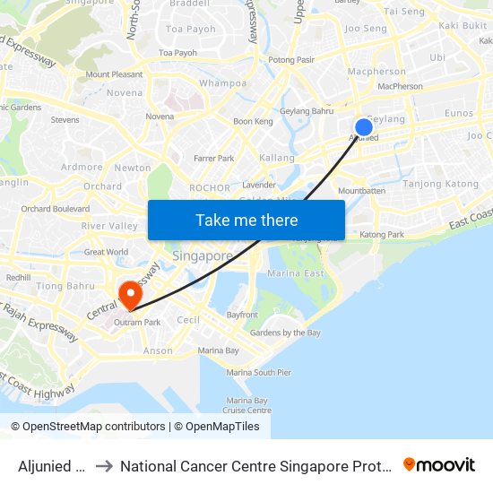 Aljunied (EW9) to National Cancer Centre Singapore Proton Therapy Centre map