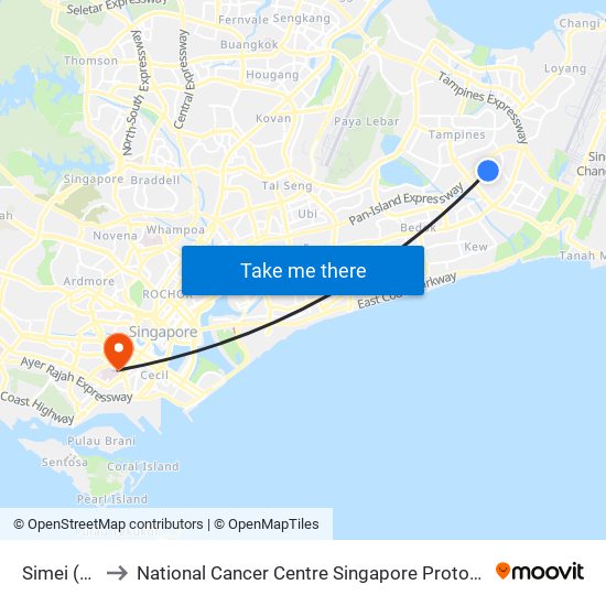 Simei (EW3) to National Cancer Centre Singapore Proton Therapy Centre map
