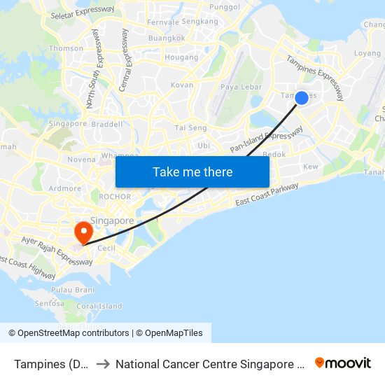 Tampines (DT32|EW2) to National Cancer Centre Singapore Proton Therapy Centre map