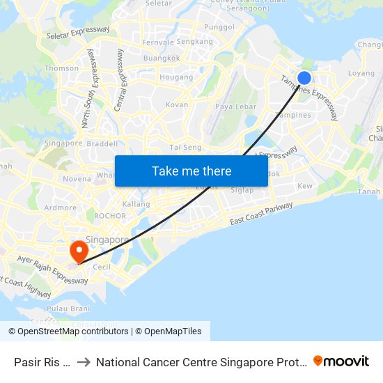 Pasir Ris (EW1) to National Cancer Centre Singapore Proton Therapy Centre map