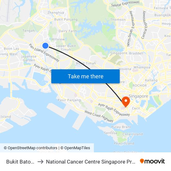 Bukit Batok (NS2) to National Cancer Centre Singapore Proton Therapy Centre map