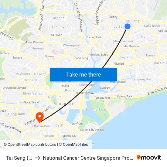 Tai Seng (CC11) to National Cancer Centre Singapore Proton Therapy Centre map