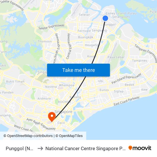 Punggol (NE17|PTC) to National Cancer Centre Singapore Proton Therapy Centre map