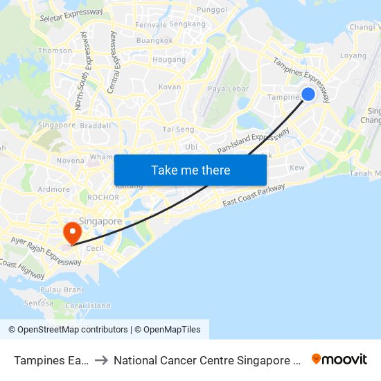 Tampines East (DT33) to National Cancer Centre Singapore Proton Therapy Centre map