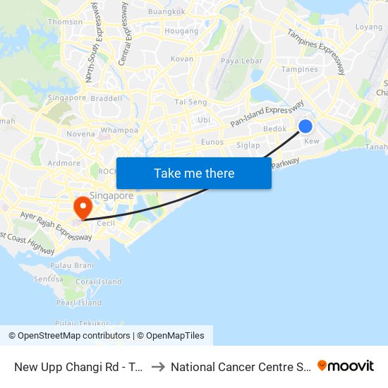 New Upp Changi Rd - Tanah Merah Stn Exit A (85099) to National Cancer Centre Singapore Proton Therapy Centre map