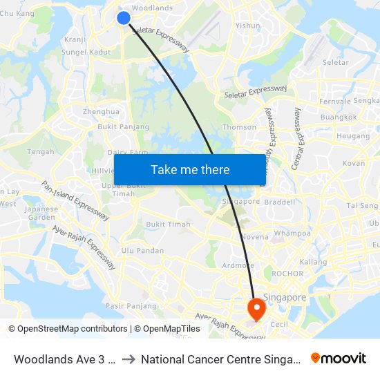 Woodlands Ave 3 - Blk 402 (46491) to National Cancer Centre Singapore Proton Therapy Centre map