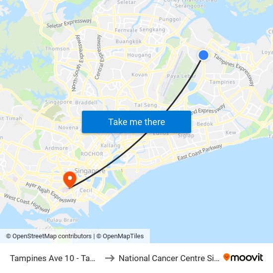 Tampines Ave 10 - Tampines Wafer Fab Pk (75351) to National Cancer Centre Singapore Proton Therapy Centre map