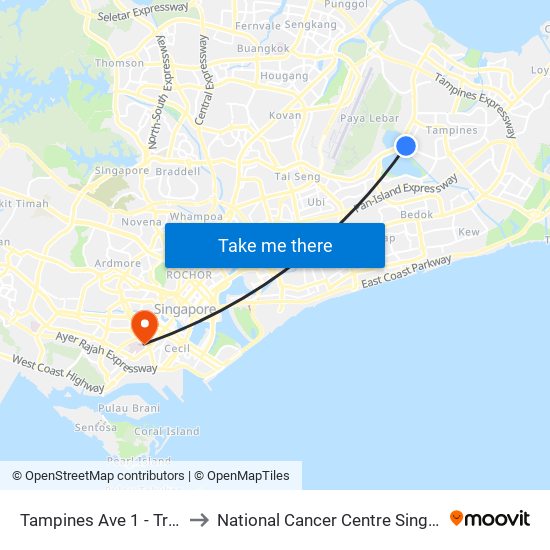 Tampines Ave 1 - Tropica Condo (75259) to National Cancer Centre Singapore Proton Therapy Centre map