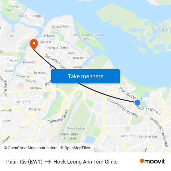Pasir Ris (EW1) to Hock Leong Ann Tcm Clinic map