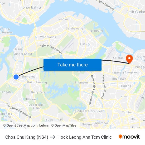 Choa Chu Kang (NS4) to Hock Leong Ann Tcm Clinic map