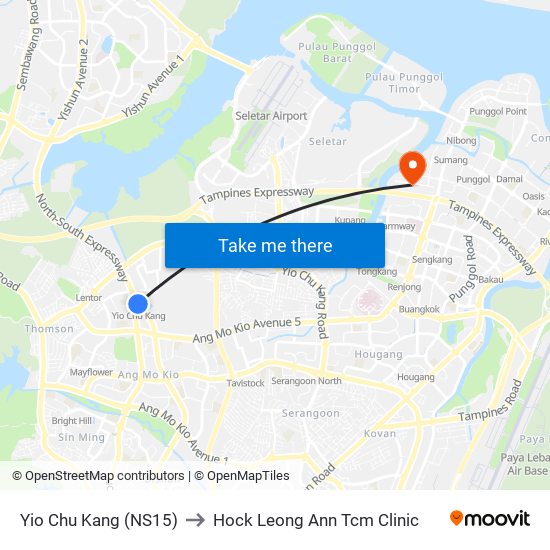 Yio Chu Kang (NS15) to Hock Leong Ann Tcm Clinic map
