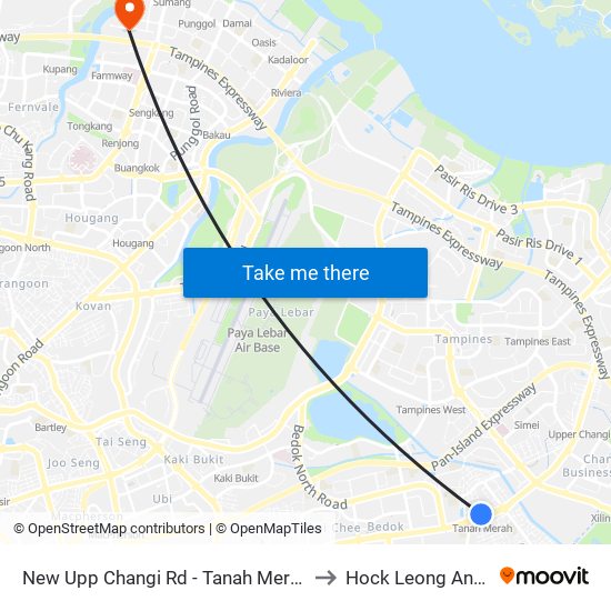 New Upp Changi Rd - Tanah Merah Stn Exit B (85091) to Hock Leong Ann Tcm Clinic map