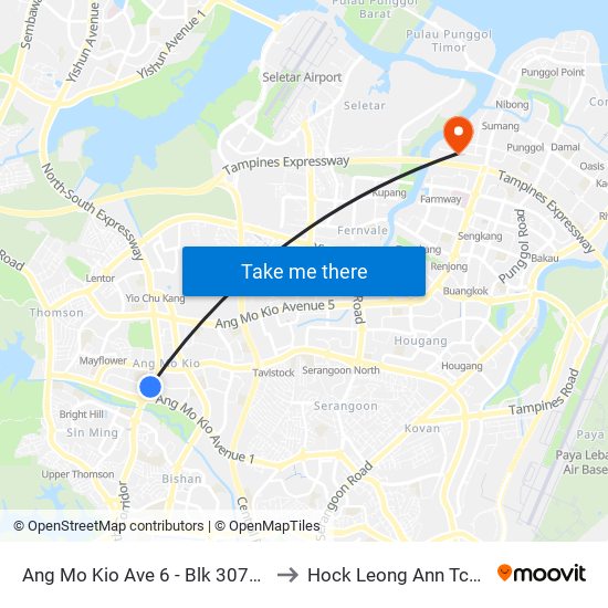 Ang Mo Kio Ave 6 - Blk 307a (54019) to Hock Leong Ann Tcm Clinic map