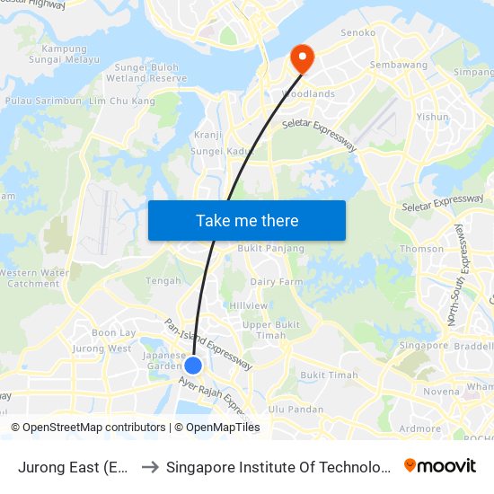 Jurong East (EW24|NS1) to Singapore Institute Of Technology @ Rp (Sit@Rp) map
