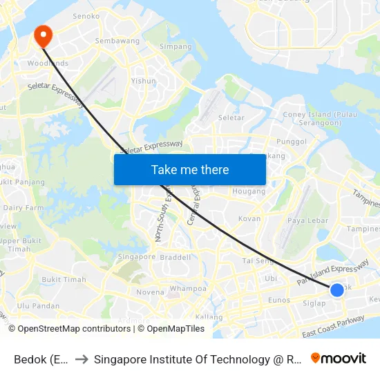 Bedok (EW5) to Singapore Institute Of Technology @ Rp (Sit@Rp) map