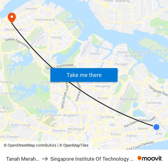 Tanah Merah (EW4) to Singapore Institute Of Technology @ Rp (Sit@Rp) map