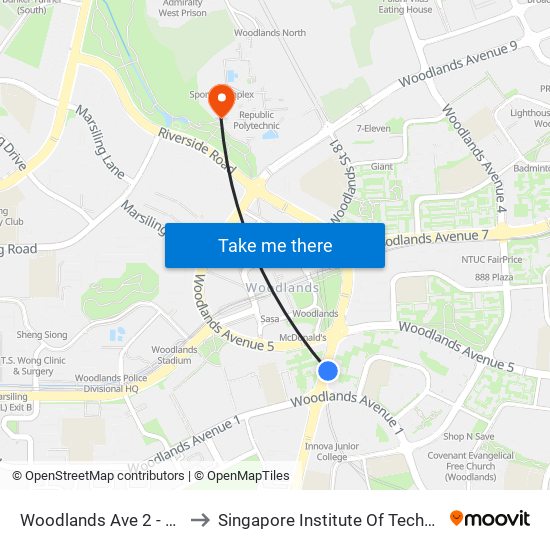 Woodlands Ave 2 - Blk 511 (46331) to Singapore Institute Of Technology @ Rp (Sit@Rp) map