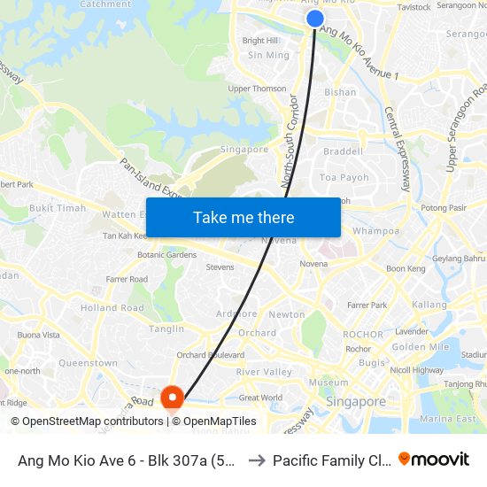 Ang Mo Kio Ave 6 - Blk 307a (54019) to Pacific Family Clinic map