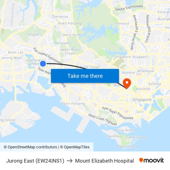 Jurong East (EW24|NS1) to Mount Elizabeth Hospital map