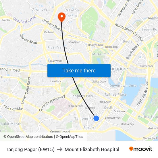 Tanjong Pagar (EW15) to Mount Elizabeth Hospital map