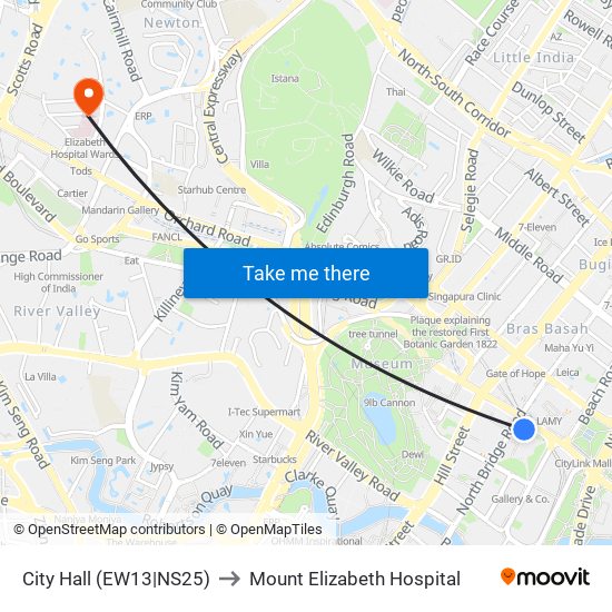 City Hall (EW13|NS25) to Mount Elizabeth Hospital map