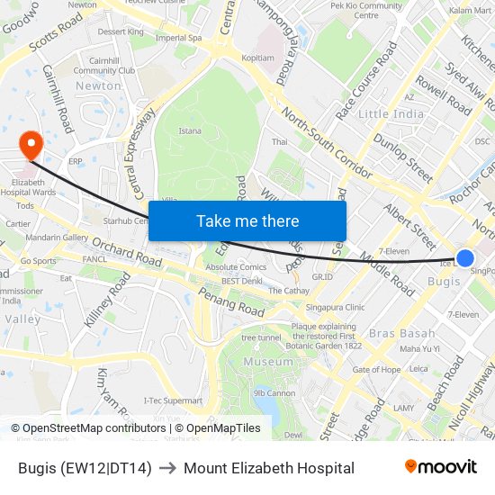 Bugis (EW12|DT14) to Mount Elizabeth Hospital map