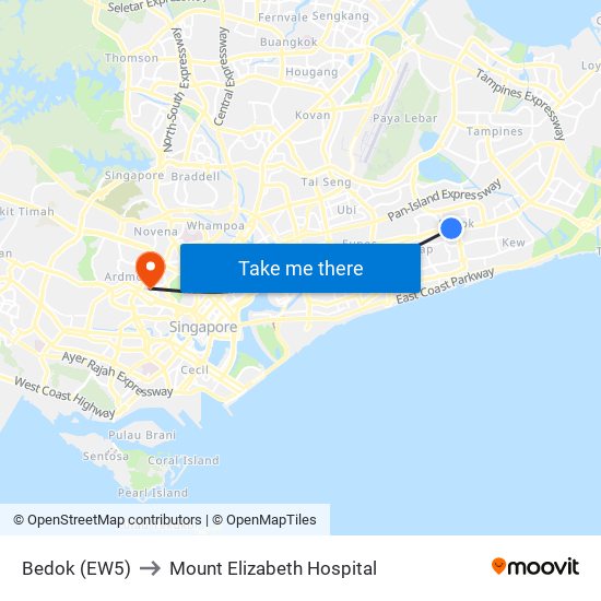 Bedok (EW5) to Mount Elizabeth Hospital map