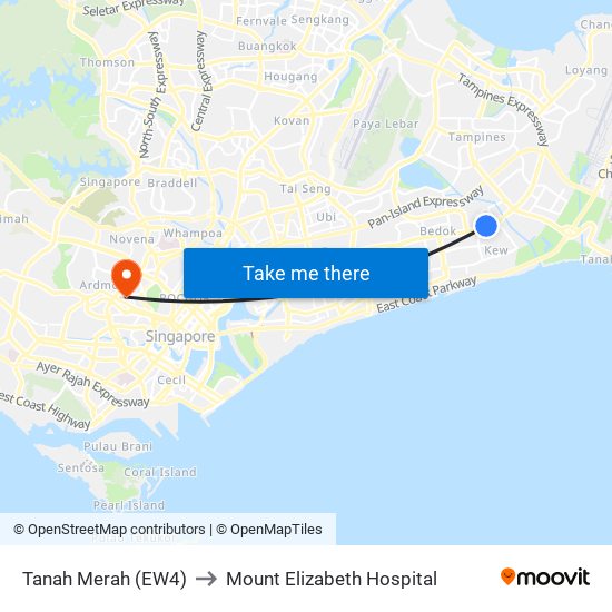 Tanah Merah (EW4) to Mount Elizabeth Hospital map