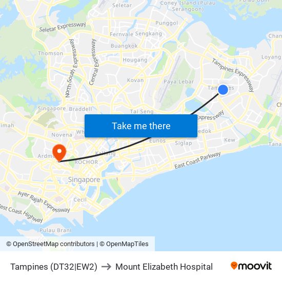 Tampines (DT32|EW2) to Mount Elizabeth Hospital map