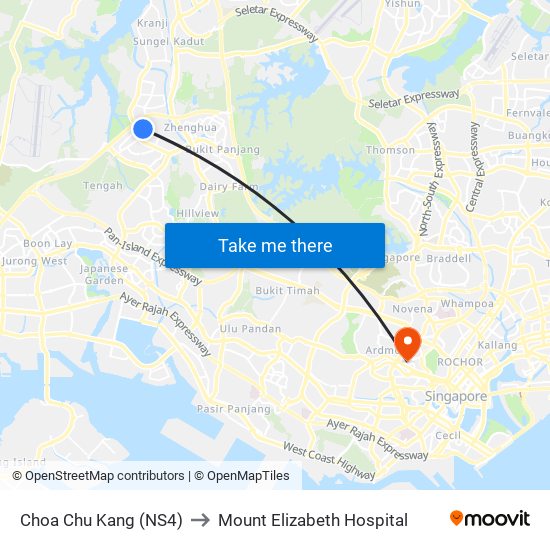 Choa Chu Kang (NS4) to Mount Elizabeth Hospital map