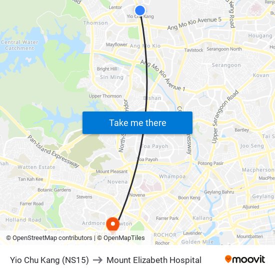 Yio Chu Kang (NS15) to Mount Elizabeth Hospital map