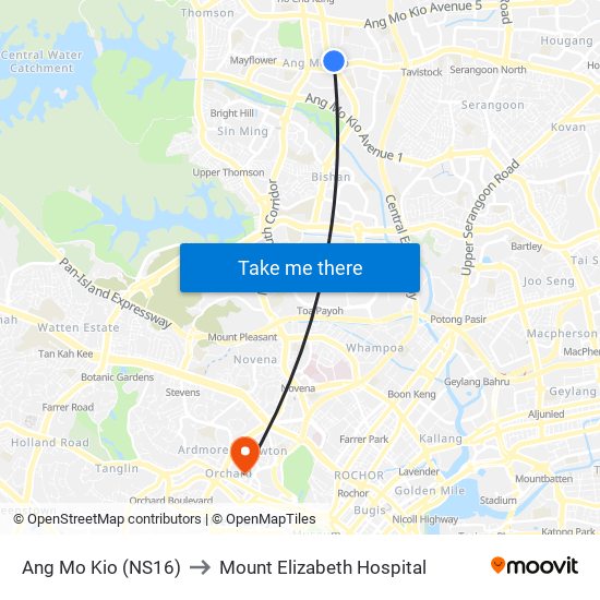 Ang Mo Kio (NS16) to Mount Elizabeth Hospital map