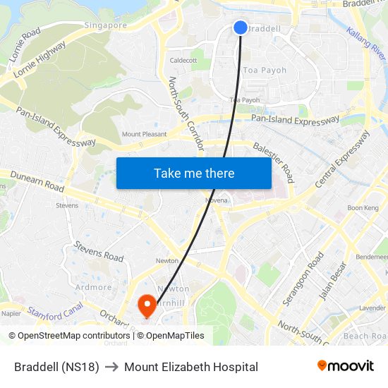 Braddell (NS18) to Mount Elizabeth Hospital map