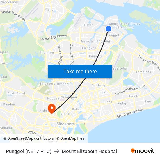 Punggol (NE17|PTC) to Mount Elizabeth Hospital map
