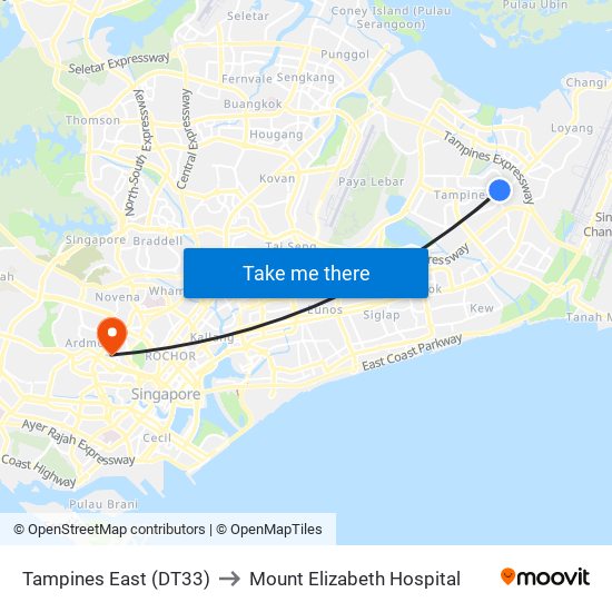Tampines East (DT33) to Mount Elizabeth Hospital map