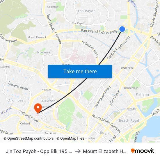 Jln Toa Payoh - Opp Blk 195 (52089) to Mount Elizabeth Hospital map