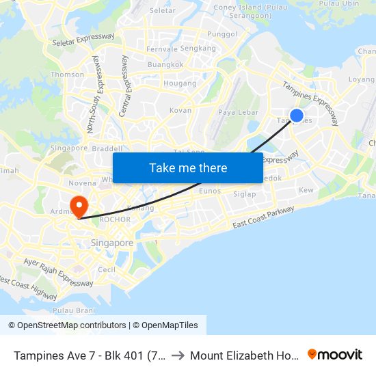 Tampines Ave 7 - Blk 401 (76191) to Mount Elizabeth Hospital map