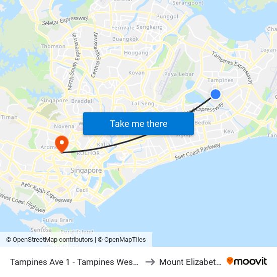 Tampines Ave 1 - Tampines West Stn Exit B (75051) to Mount Elizabeth Hospital map