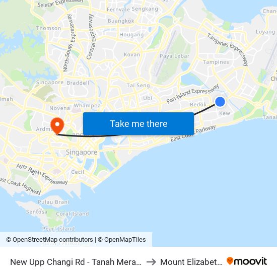 New Upp Changi Rd - Tanah Merah Stn Exit B (85091) to Mount Elizabeth Hospital map