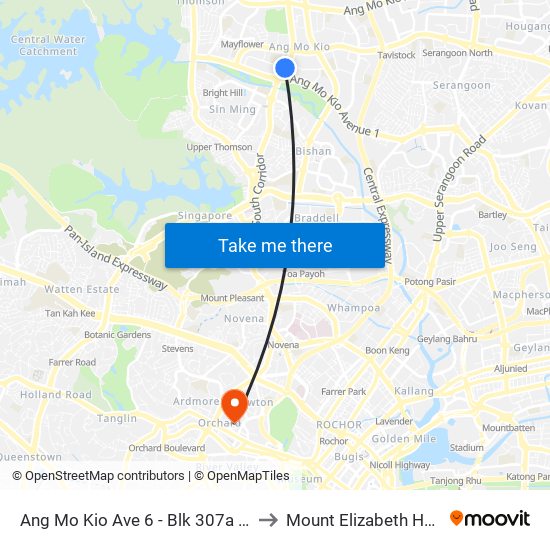 Ang Mo Kio Ave 6 - Blk 307a (54019) to Mount Elizabeth Hospital map