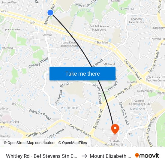 Whitley Rd - Bef Stevens Stn Exit 4 (40239) to Mount Elizabeth Hospital map