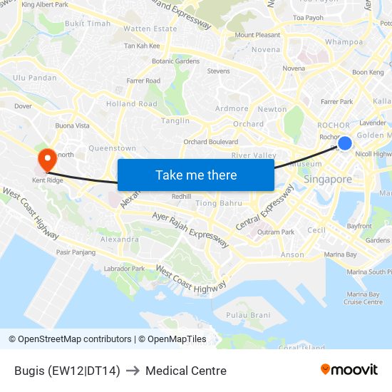 Bugis (EW12|DT14) to Medical Centre map