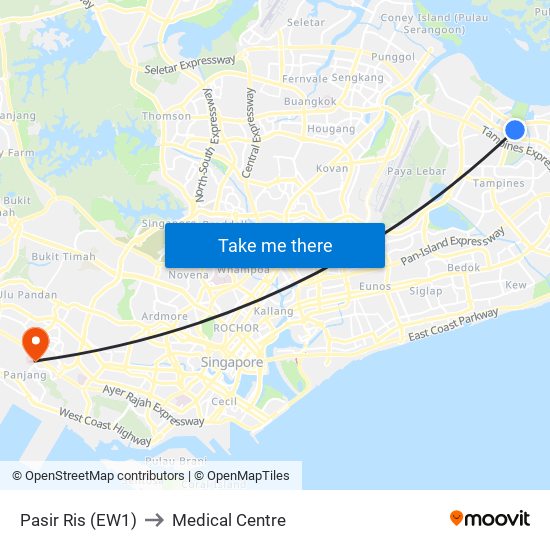 Pasir Ris (EW1) to Medical Centre map