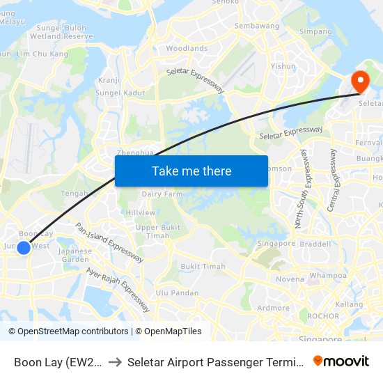 Boon Lay (EW27) to Seletar Airport Passenger Terminal map