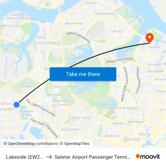 Lakeside (EW26) to Seletar Airport Passenger Terminal map