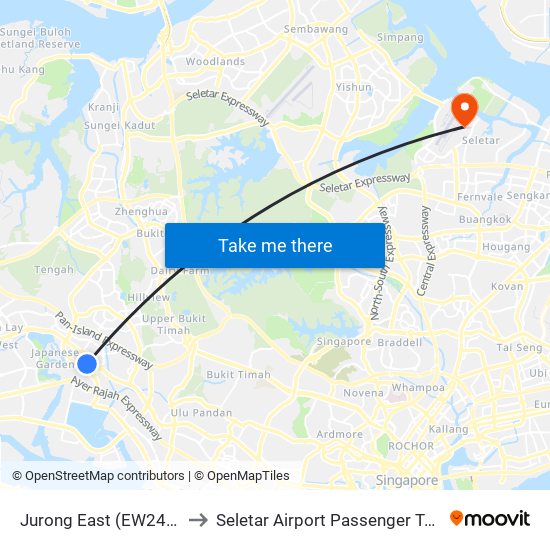 Jurong East (EW24|NS1) to Seletar Airport Passenger Terminal map