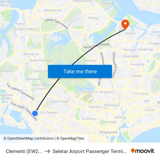 Clementi (EW23) to Seletar Airport Passenger Terminal map