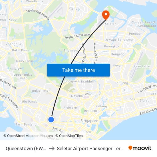Queenstown (EW19) to Seletar Airport Passenger Terminal map