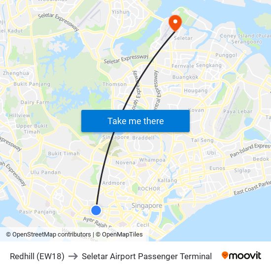 Redhill (EW18) to Seletar Airport Passenger Terminal map